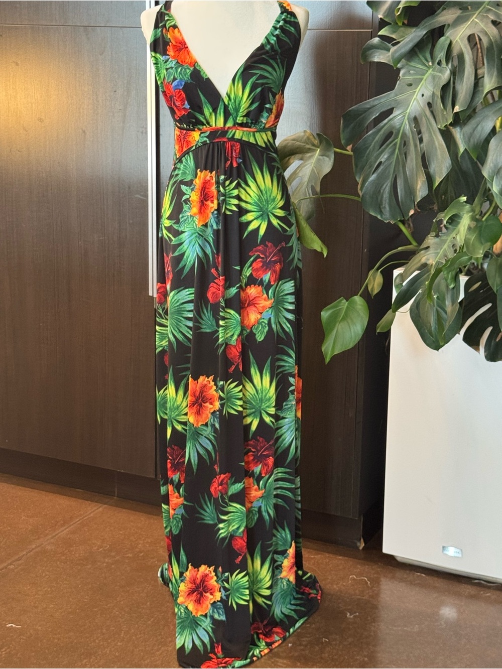 Tropical V-Neck Maxi Dress - Black with Green & Orange Floral